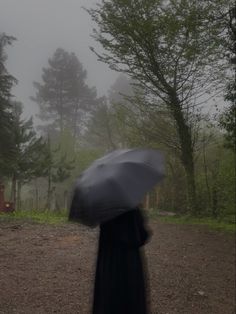 a person walking in the rain with an umbrella over their head and trees behind them