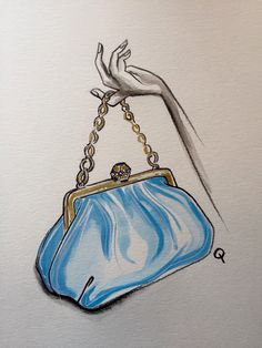 a drawing of a blue purse hanging from a chain on a white wall with a hand reaching for it