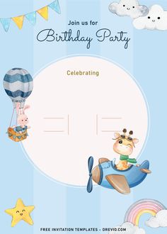 a birthday party card with a cow flying on an airplane