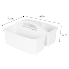 a white plastic storage container with measurements