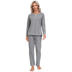 Material: 91% Polyester, 9% Spandex Material characteristics： 91% Polyester, 9% Spandex. Womens pajama set were made of lightweight, stretchy, soft and skin-friendly fabric, keep you relaxed while sleeping at night and enjoy superior comfort. Features: The long sleeve pajama tops with round neck & front fashion design, simple but elegant, perfect for house or daily wear on cooling day. Full length pajama pant with elastic waistband, features loose fit to offers you tummy support, allowing more f Comfy Sleepwear With Pockets For Loungewear, Gray Cotton Sleepwear For Loungewear, Gray Loungewear Sets With Pockets, Gray Long Sleeve Sleepwear For Pajama Party, Gray Cotton Sleepwear For Bedtime, Gray Long Sleeve Sleepwear, Gray Long Sleeve Casual Sleepwear, Gray Long Sleeve Sleepwear For Bedtime, Casual Gray Sleepwear For Relaxation