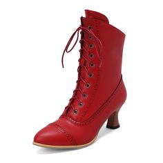 Shop Vintage Red Lace Up Ankle Boots Spool Heel Pointed Toe Dress Boots color Red for Anniversary, Hanging out, Night Club, Party with worldwide Free shipping & Free return. Boots Medieval, Retro Boots, Steampunk Boots, Noble Knight, Western Chic, Pu Heels, Womens Shoes High Heels, Dress Shoes Womens, Round Toe Heels