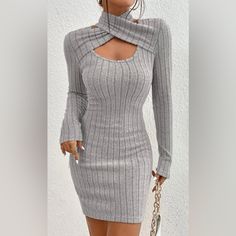 New Beautiful Dress Fitted Mini Sweater Dress For Parties, Elegant Fitted Mini Sweater Dress, Winter Stretch Mini Dress, Stretch Mini Dress For Winter, Fitted Mini Sweater Dress For Spring, Chic Fitted Mini Sweater Dress, Fitted Chic Mini Sweater Dress, Fitted Spring Sweater Dress, Mini Length, Gray Winter Party Dress