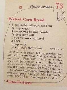 an old recipe book with instructions on how to make corn bread