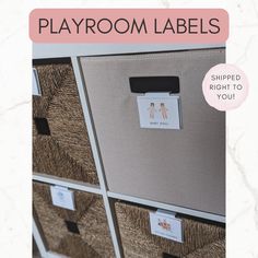 there is a sign that says playroom labels on the wall next to some drawers