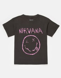 Nirvana Boyfriend Tee. Graphic Screened On Front. Oversized Fit. Crew Neck. Short Sleeve. 100% Cotton. Machine Wash. Imported. | Nirvana Girls Boyfriend Tee Nirvana Girl, Baggy Tshirt, Nirvana Tee, Racing Jersey, Nirvana Shirt, Wwe T Shirts, Christmas Haul, Flannel Sweatshirt, Graphic Trends