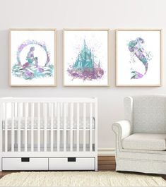 a baby's room with three paintings on the wall