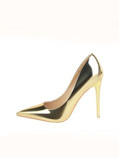 These Gleaming Gold Metallic Stiletto Court Pumps are perfect for party nights, providing a touch of glamour and elegance to any outfit. Their gleaming gold finish adds a luxurious touch, while the stiletto heel adds height and sophistication. Elevate your look and dance the night away in style with these chic pumps. Color : Gold Type : Court Pumps Style : Glamorous Toe : Point Toe Pattern Type : Plain Strap Type : Slingbacks Heels : Stiletto Heel Height : High Heel Upper Material : PU Leather L Metallic High Heels, Black Romper Shorts, Casual Pumps, Heeled Pumps, Plus Size Mini Dresses, Gold Pumps, Slip On Pumps, Patent Shoes, Platform Heels Chunky