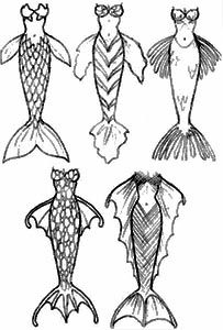 four different types of fish with long tails and wings, all in black and white