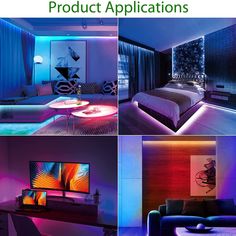 four different pictures show the interior of a bedroom and living room with various lighting effects