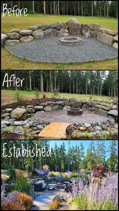 the before and after pictures of an outdoor fire pit in a backyard with gravel, rocks and