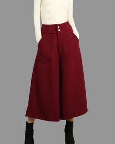 * A wide leg skirt shaped pants for winter, made of quality wool blends.* Two pockets, they are big enough for Iphone and your hands.* Material: 50% wool, 50% polyesterCustom made to fit, lead time is 6-8 days;Let us know your usual size in your country and your overall height.If you have some specific request or special characters such as broad shoulder, long arms, long waist, etc you think we need pay attention to when making, do let me know.* Shop sizing chart FYI ( made according to US sizin Fall Wide Leg Pants With Welt Pockets, High-waisted Pants With Welt Pockets For Winter, Winter High-waisted Pants With Welt Pockets, High-waisted Wide Leg Pants With Welt Pockets For Fall, Solid Wide Leg Winter Pants, Solid Color Wide Leg Winter Pants, Fall Wide Leg Bottoms With Pockets, Winter High Waist Wide Leg Pants With Pockets, Baggy Wide Leg Pants With Pockets For Winter