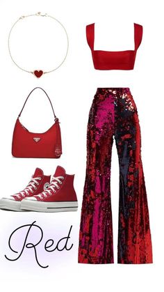 a pair of red and black sequin pants with high top converse sneakers, a handbag, and a necklace