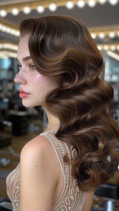 25 Prom Hairstyles to Make You Feel Confident and Beautiful Hollywood Inspired Hairstyles, Hairstyle Inspo For Prom, Hair Styles Grad, Hollywood Glam Long Hair, Hairstyles For A Ball Gown, Waves Hairstyle Women, Hollywood Waves Pinned Back, Classic Hair Wedding, Classic Glam Wedding Hair