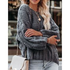 Gray Oversize Pullover Knit Sweater Casual Acrylic V-neck Sweater For Winter, Oversized Casual V-neck Sweater For Winter, Oversized Knit V-neck Sweater With Long Sleeves, Oversized Chunky Knit V-neck Sweater For Fall, Trendy Chunky Knit V-neck Long Sleeve Sweater, Casual Cable Knit V-neck Sweater For Layering, Gray V-neck Sweater For Fall Layering, Oversized Comfortable Knit Sweater, Chunky Knit V-neck Sweater For Winter Layering