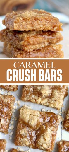 Collage of closeup shot of stack of caramel crush bars at top and overhead shot of caramel crush bars at bottom. Gooey Caramel, Caramel Bars, Brownie Desserts, Cookies For Kids, Cookie Bar Recipes, Melt In Your Mouth, Perfect Desserts