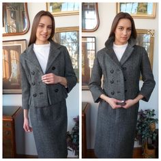 "Beautiful custom made 1950s/early 1960s vintage suit.  Black and white herringbone wool. Double breasted six buttons. Hand bound button holes. Notched collar. Three quarter sleeves with seams at elbow length. Boxy cropped jacket with two vents in front. French seams front and back. Slim narrow skirt. 1\" waistband with snap and hook and eye closures. Side seam zipper. Kick pleat. Unlined. Made to order - no labels. Measurements Jacket Bust up to 35\" Length 21\" Shoulder16 1/2\" Sleeve 20\" Vents Measurements Skirt Waist 27\" Hip 36-37\" Length 28\" Hem 3\" Kick pleat 8 1/2\" Condition: Excellent. The suit has been dry-cleaned and is ready to wear. Buy with confidence. We accept returns." 1950s Couture, Couture Suit, 1960s Mod Dress, Red Silk Blouse, Tweed Skirt Suit, Vintage Skirt Suit, Boxy Jacket, Vintage Suit, Black And White Jacket