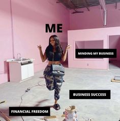 a woman standing in a room with pink walls and writing on the wall that says me