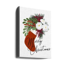 a christmas stocking with flowers and berries on it is mounted on a canvas wall