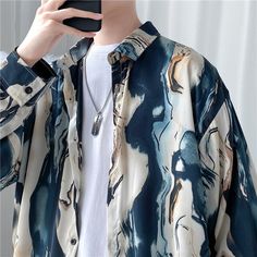 Product Show： Blue Casual Collar Shirt For Spring, Blue Long Sleeve Shirt For Summer, Casual Blue Printed Shirt, Winter Sweaters Oversized, Mens Winter Sweaters, Men Summer Casual, Blue Shirts, Navy Blue Print, Harajuku Outfits