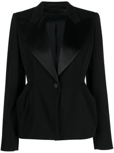 Proteo peplum blazer from Max Mara featuring satin trim, pleat detailing, fabric-covered buttons, enamel buttons, wide peak lapels, buttoned cuffs, peplum waist, full lining, black, virgin wool blend, front button fastening, long sleeves and straight hem. This item is in size 36 and the color is Black Peplum Blazer, Black Peplum, Womens Blazers, Van Cleef Arpels, Emilio Pucci, Lady Dior, Fall Wardrobe, Hermes Birkin, Polished Look