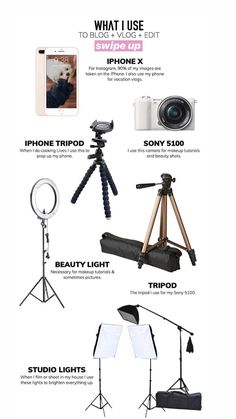 the contents of a camera and tripod are shown in this graphic style, including an iphone