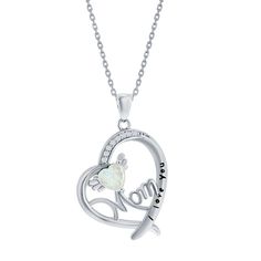 Show your mom how much she means to you with this opal and cubic zirconia sterling silver heart pendant necklace. Show your mom how much she means to you with this opal and cubic zirconia sterling silver heart pendant necklace. Chain length: 18 in. Chain type: cable Pendant length: 25 mm Nickel free Metal: sterling silver Finish: polished Packaging: boxedSTONE DETAILS Stone type: opal & cubic zirconia Total weight: 1 1/2 ct. Center stone size: 6 mm x 6 mm Shape: heart Setting: prong Gemstones ma White Cubic Zirconia Heart Necklace For Mother's Day, Mother's Day White Gold Pendant Birthstone Necklace, White Gold Birthstone Pendant Necklace For Mother's Day, White Gold Pendant Birthstone Necklace For Mother's Day, White Heart Necklace With Birthstone For Mother's Day, White Birthstone Heart Necklace For Mother's Day, Mother's Day White Gold Heart Necklace With Cubic Zirconia, White Cubic Zirconia Jewelry For Mother's Day, White Heart Cut Jewelry For Birthday