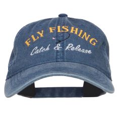 Catch Release Fly Fishing Embroidered Washed CapMade of 100% cotton.One size fits most with an adjustable buckle strap closure, fitting up to XL.Same material inner hatband.Adult/Unisex.Crown measures 3 1/2 inches deep.Bill measures 3 1/4 inches long.Hand wash only.Brand of cap may vary with different manufacturer.Imported. Words of Fly Fishing Catch and Release are embroidered on the front.1 small ventilation hole placed on each panel of crown.Bill is stiff and pre curved.Unconstructed crown.6 Catch And Release, Unisex Crown, Embroidered Cap, Navy And Khaki, Embroidered Caps, Sticker Patches, Season 8, Patch Design, Hat Band