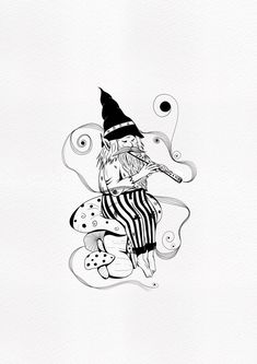 a black and white drawing of a gnome with a pipe in his hand on top of a mushroom