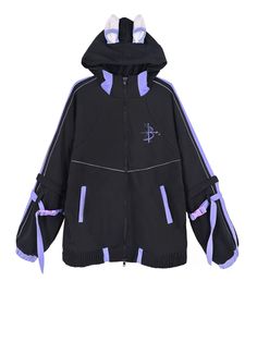 This hooded jacket features a zip-up closure and an adorable design with animal ears on the hood. The sleeves are detachable, allowing you to convert long sleeves into short sleeves, and they are adorned with buckle strap decorations. There is a printed embellishment on one side of the chest, adding a unique touch. The hem of the jacket has an elastic design for a comfortable and adjustable fit.  The price includes only the jacket.   	 		 			Size 			S 			M 			L 			XL 		 		 			Length 			72 			74 Harajuku Style Winter Cosplay Outerwear, Cosplay Winter Outerwear With Adjustable Hood, Harajuku Style Hooded Winter Outerwear, Cosplay Hoodie With Drawstring Hood, Cosplay Hoodie Jacket With Drawstring, Cosplay Hooded Jacket With Drawstring, Cosplay Long Sleeve Hooded Jacket With Detachable Hood, Cosplay Hooded Jacket With Detachable Hood, Black Harajuku Outerwear With Pockets