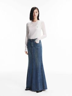 MO&Co. Women's Denim Mermaid Maxi Skirt This denim maxi skirt is made from premium cotton. It's detailed with vertical seams that create a paneled effect and has an exaggerated flared hem. Wear it with a simple top for a chic look. Features : - Flared maxi silhouette- Button and zip closure- Five-pocket design Code: MBD3SKTT06The back length of size S is 98cmMATERIALS & CARE Material: 100% CottonPlease put it into a mesh bag to wash.Denim products have slight fading, which is normal.REMINDER: Al Fishtail Denim Skirt, Jean Skirt Maxi, Madewell Fall, Mermaid Maxi Skirt, Denim Skirt Outfits, Denim Maxi, Simple Top, Denim Maxi Skirt, Chic Look