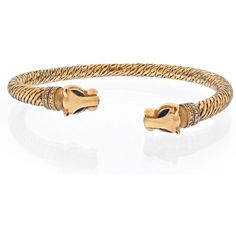 Indulge in the allure of timeless elegance with the Cartier 18K Yellow Gold Textured Double Headed Panthere Diamond Collar Bracelet. This exquisite piece of fine jewelry is a testament to Cartier's impeccable craftsmanship and attention to detail.Crafted in 18K yellow textured gold, this bangle bracelet exudes a sense of luxury and sophistication. The iconic panther motif takes center stage, with two majestic panther heads adorning each end of the bracelet. The panther eyes are adorned with marq Elegant Hallmarked Bangle For Formal Events, Elegant Yellow Gold Bangle For Formal Occasions, Ceremonial Luxury Gold Jubilee Bracelet, Cartier Gold Diamond Bracelets, Elegant Gold Bracelet With Diamond And Polished Finish, Elegant Yellow Gold Diamond Bracelet With Polished Finish, Elegant Gold Diamond Bracelet With Polished Finish, Elegant 14k Gold Bangle For Formal Occasions, Gold Cartier Diamond Bracelet With 17 Jewels