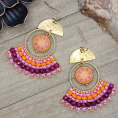 Adjustable Orange Hoop Earrings, Pink Beaded Metal Earrings, Nickel-free Pink Beaded Hoop Earrings, Orange Bohemian Nickel-free Hoop Earrings, Orange Nickel-free Bohemian Hoop Earrings, Nickel-free Orange Earrings For Festival, Nickel Free Orange Hoop Earrings, Small Hoop Pink Metal Earrings, Pink Small Hoop Metal Earrings