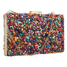 Multi Color Stone Acrylic Bag – a true work of art that effortlessly combines contemporary design with vibrant elegance. This eye-catching acrylic bag is a statement piece that adds a burst of color and style to any ensemble. The exterior of the bag features an array of multi-colored stones meticulously embedded into the transparent acrylic, creating a mesmerizing mosaic of hues. The unique design captures the essence of modern chic, making it the perfect accessory for fashion-forward individual Trendy Multicolor Shoulder Bag For Evening, Trendy Multicolor Party Bag, Multicolor Clutch Bag For Party, Multicolor Rectangular Evening Bag For Parties, Trendy Multicolor Shoulder Bag For Party, Multicolor Rectangular Evening Bag For Events, Trendy Multicolor Evening Bag, Multicolor Rectangular Party Bag, Modern Multicolor Rectangular Clutch