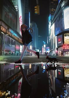 a woman is walking down the street at night with her reflection in the wet ground