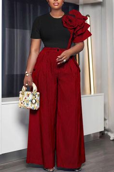 Plus Size Business Casual Blue Striped Round Neck Ruffle Pocket Two Piece Pant Sets Artsy Fashion Style, Business Casual For Work, Blue And Red Outfit, Red Two Piece Outfit, Classy Style Outfits, Plus Size Business Casual, Eclectic Clothing Style, Two Piece Outfits Pants, Plus Size Business