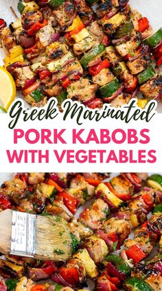 Pork Kabobs With Greek Marinade & Summer Vegetables Pork Kabob Recipes, Pork Skewers Kabobs, Pork Tenderloin Kabobs, Bbq Pork Skewers, Kabob Marinade Recipes, Barbecue Pork Loin, Tender Pork Tenderloin, Kabobs On The Grill, Greek Marinade