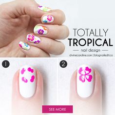 Follow our simple steps to re-create this tropocal nail art look yourself! #divinecaroline #nailart Hibiscus Nails, Nails Tropical, Tropical Nail Designs, Hawaii Nails, Nailart Tutorial, Flowers Nails, Tropical Nails, Tropical Hibiscus, Art Tropical