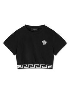 black Medusa Head motif signature Greca detailing crew neck short sleeves straight hem Black Logo Tops For Streetwear, Black Tops With Logo Detail For Streetwear, Summer Graphic Tee With Logo Detail, Cotton Cropped T-shirt With Embroidered Logo, Crew Neck, Crew Neck Cropped Cotton T-shirt With Embroidered Logo, Black Crew Neck Cropped T-shirt For Streetwear, Summer Crew Neck Top With Logo Detail, Cotton Short Sleeve Tops With Logo Detail, Cotton Tops With Logo Detail And Short Sleeve