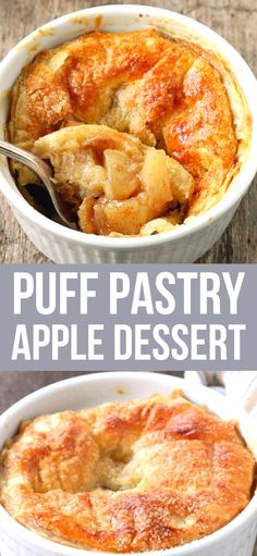 this is an image of puff pastry apple dessert in a white casserole dish