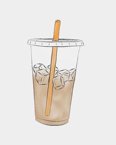 a drawing of a drink with ice cubes and a straw sticking out of it