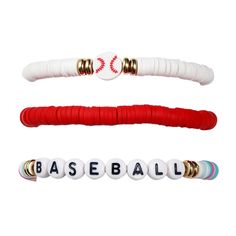 three different types of baseball bracelets with beads on each bead and the word baseball written in white letters