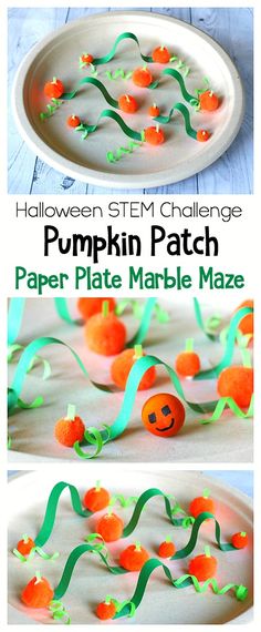 a paper plate that has some oranges on it and green streamers in the shape of pumpkins