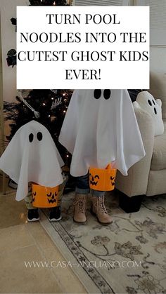 two children in ghost costumes with text overlay that reads turn pool noodles into the cutest ghost kids ever