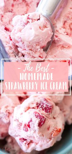 the best homemade strawberry ice cream in a blue bowl with a scoop full of it