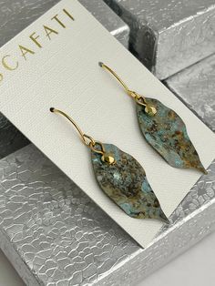 Artisan Patina Earrings As A Gift, Artisan Earrings With Patina As Gift, Artisan Earrings With Patina For Gifts, Copper Teardrop Earrings With Patina, Unique Leaf-shaped Earrings For Gift, Handmade Leaf-shaped Metal Earrings, Elegant Green Patina Earrings, Handmade Metal Leaf-shaped Earrings, Unique Nickel-free Leaf-shaped Earrings