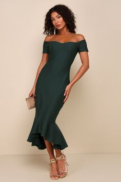 Dark Green Midi Dress - Trumpet Dress - Off-the-Shoulder Dress - Lulus Green Wedding Guest Dresses, Dark Green Midi Dress, Trumpet Silhouette, Formal Wedding Guest Dress, Trumpet Dress, Guest Attire, Wedding Attire Guest, Midi Cocktail Dress, Guest Dress