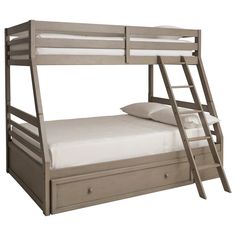 a bunk bed with two drawers underneath it and a mattress on the bottom one side