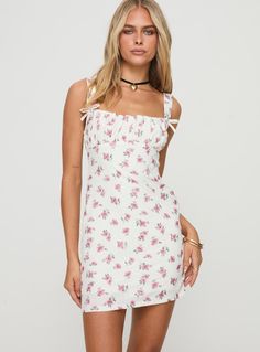 Mini dress Floral print, ruched bust, bow detail at bust, invisible zip fastening at side Fully lined, non-stretch  100% polyester Cold machine wash Mini Dress Floral, Mini Dress White, Fleece Dress, Grand Cayman, Outerwear Outfit, Curve Dresses, Casual Tank Tops, White Midi Dress, Dress Floral