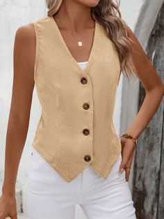 Solid Button Front Vest Blazer Corduroy Khaki Casual  Sleeveless Woven Fabric Plain vest Slight Stretch  Women Clothing, size features are:Bust: ,Length: ,Sleeve Length: Simple Streetwear, Plain Vest, Cropped Leather Jacket, Vest Blazer, Slim Fit Top, Elegant Dresses Long, Dark Jeans, Blazers For Women, Wide Leg Jeans